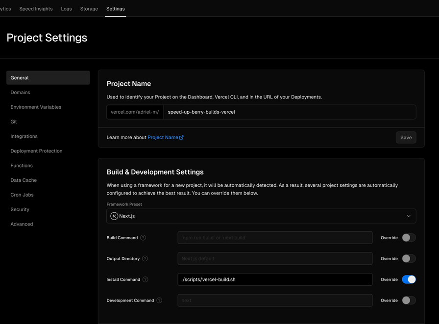 Picture of project settings overriding install command